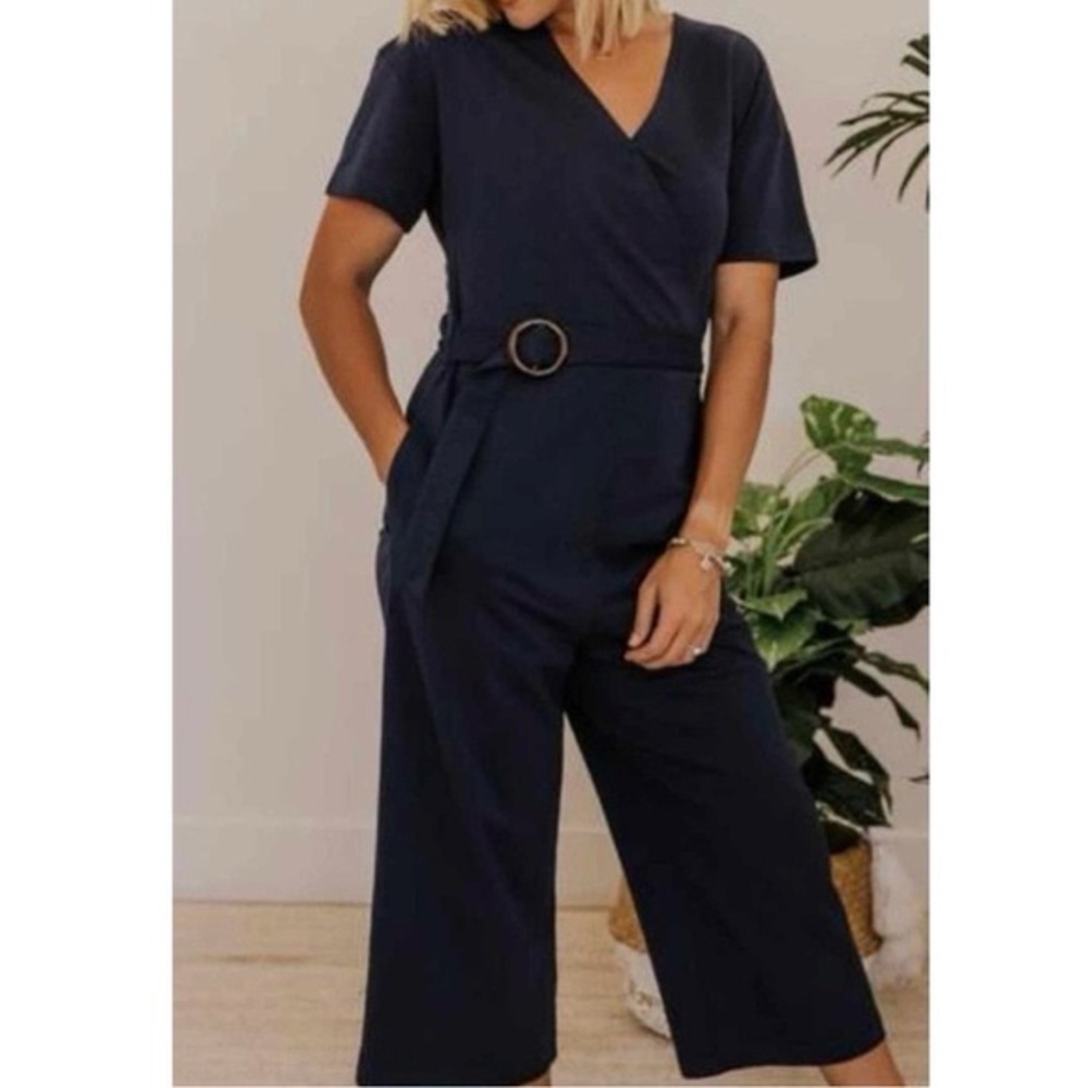 Roolee Deep Blue Wide Leg Cropped Wrap Jumpsuit womens size large L